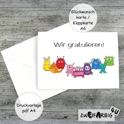 Klappkarte **MonstAAA** pdf-Druckvorlage Grußkarte A6 zum Selberdrucken Geburtstag Glückwunsch