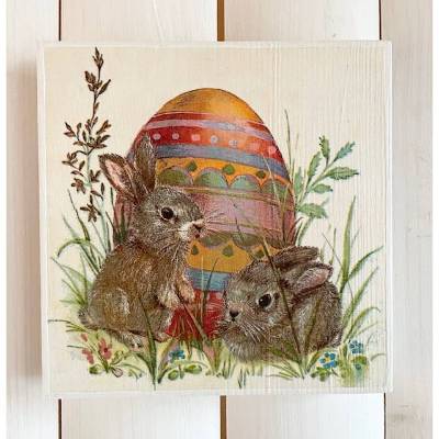 Holzbild, Hasen mit Osterei, zum Aufhängen oder Aufstellen; Ostern
