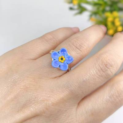 Vergissmeinnicht-Ring aus Polymer Clay, blauer verstellbarer Blumen-Cocktailring