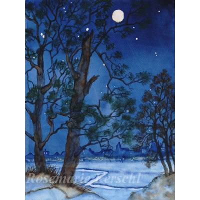 Aquarellbild Mondlicht – handgemaltes Unikat 32 x 24 cm Hochformat – Original Kunst