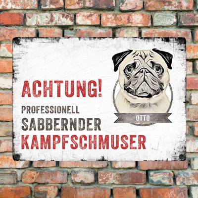 Hundeschild 'Mops' mit Namen, wetterbeständiges Warnschild