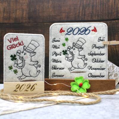 Stickdatei ITH Tischkalender Schweinchen Glücksbringer