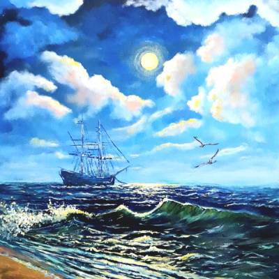 Original Acrylgemälde 40x50 cm - Handgemaltes Segelschiff, Ozean, Mondschein - Maritimes Wandbild - Leinwand Kunst