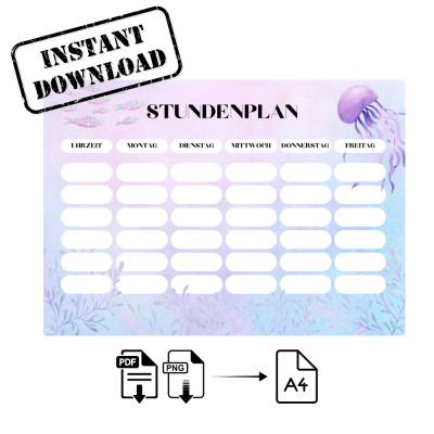 Stundenplan Printable für Kinder - Schule Einschulung - Vorlage zum ausdrucken - PDF & PNG Download - Meeres Fische  