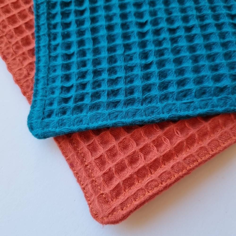 Waffelpiqué-Tücher, 2er Set, rostorange-petrol– vielseitige Putztücher & Waschlappen von he-ART by helen hesse