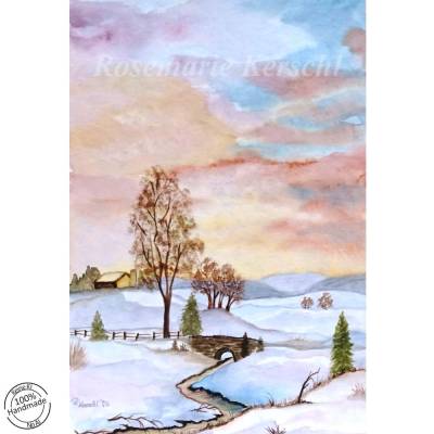 Aquarellbild Wintermorgen handgemalte Landschaft 36 x 25 cm Hochformat Unikat