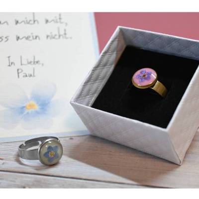 Vergissmeinnicht Ring – Echter Blütenring, größenverstellbar, Edelstahl, personalisierbar, Geschenkidee