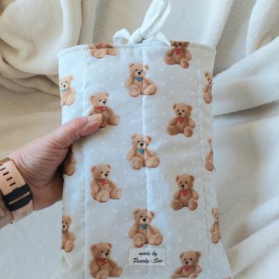 Buchhülle für große Taschenbücher /Booksleeve quilted niedliche Hülle gesteppt, Teddy Bären Buchtasche mit Bindeband 
