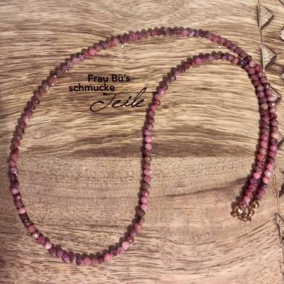 Handgefertigte  Halskette aus facettiertem Rhodonit mit 925 Silber-rosevergoldetem Verschluss – Funkelnder Edelstein Schmuck