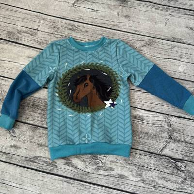 wunderschöner dünner Pulli / Sweatshirt gr.98/104 Türkis/Petrol Pferd in braun