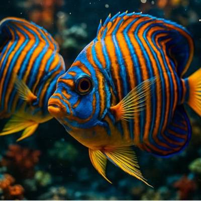 Zwei farbenprächtige Kaiserfische im Riff – exotische KI-Unterwasserkunst als digitaler Download