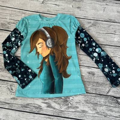 wunderschönes Langarmshirt gr.134/140 Musik Kopfhörer Türkis Petrol mint