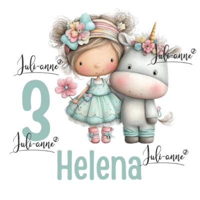 Bügelbild GEBURTSTAG Einhorn Mädchen 2 personalisiert Zahl & Name 