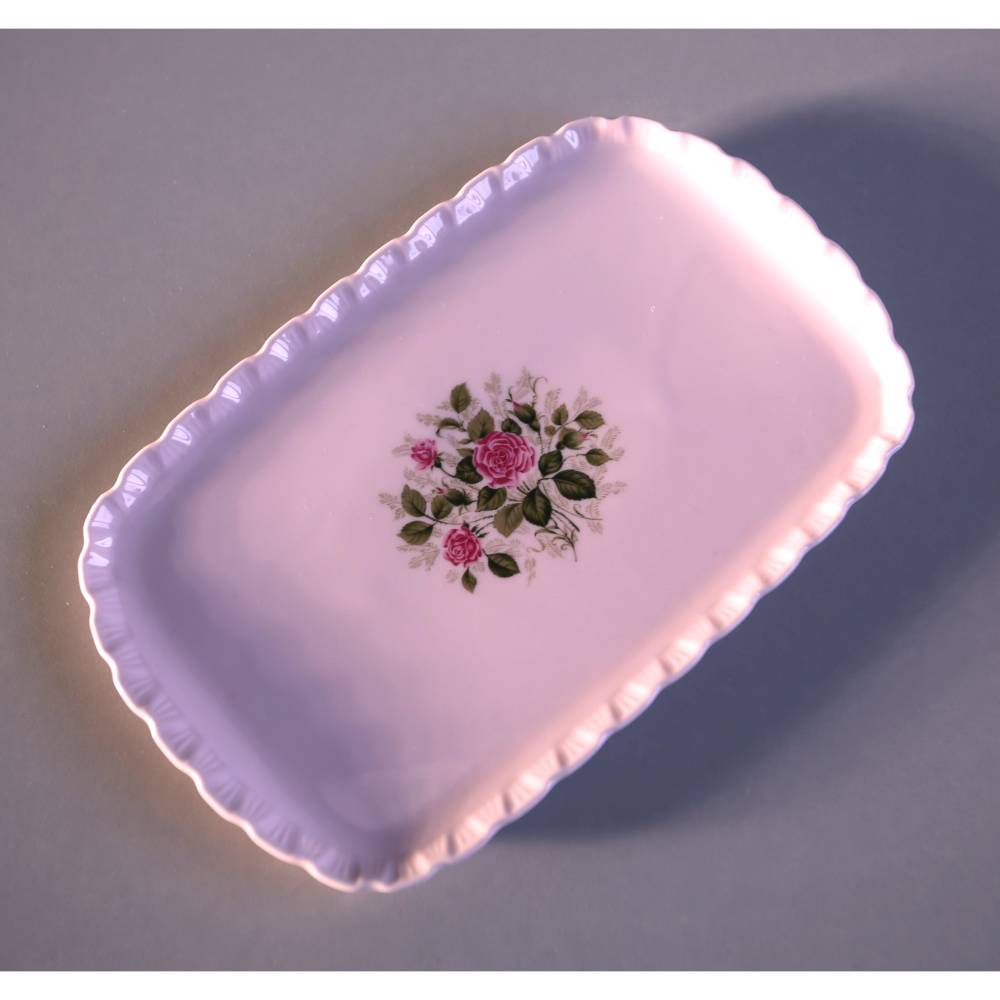rechteckige Platte mit Rosen Porcelaine Rosè Hutschenreuther