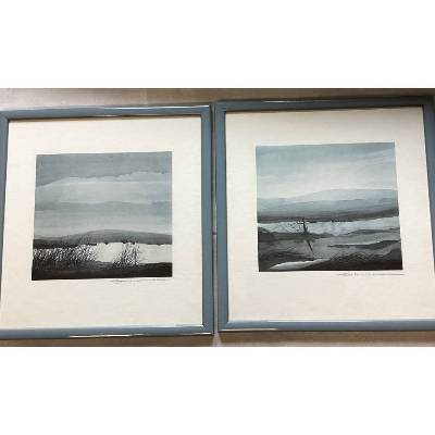 Vintage Bilder 2er Set – Kunst mit blaugrauem Rahmen, signiert, gebraucht