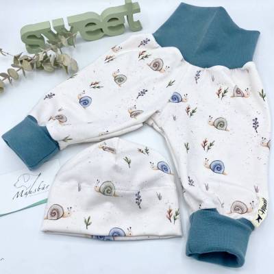 Mitwachsende Pumphose 56/62 + Mütze aus Jersey Schnecke – Handgemacht, bequem & unisex für Babys