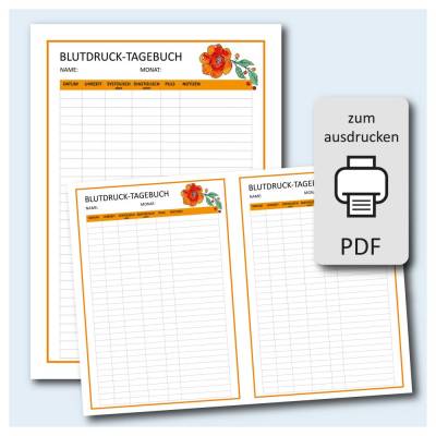Blutdrucktabelle zum Ausdrucken - PDF Vorlage - A4 und A5 - Blume orange