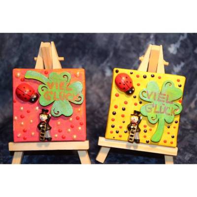 Glücksbringer VIEL GLÜCK rot/gelb Geschenkidee oder Tischdeko zu Silvester oder als Glücksbringer Kleeblatt Marienkäfer