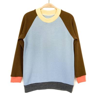 Wollpullover Gr 152 hellblau braun bunt – Upcycling Kinderpullover 