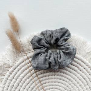 Scrunchie Leinen grau kariert, Haargummi, Zopfgummi