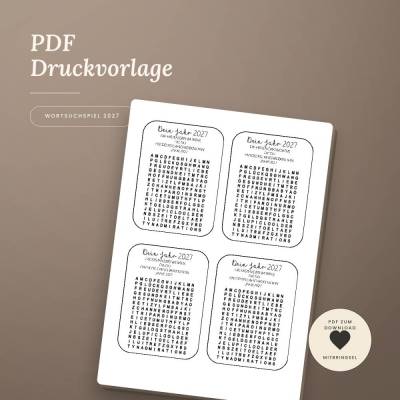 Wortsuchspiel Neues Jahr 2027 - Silvester Tischdeko - Mitbringsel - PDF Vorlage zum Download und Selbstausdrucken