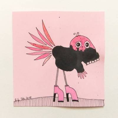 Original, Tuschezeichnung, KlexMonster auf rosa