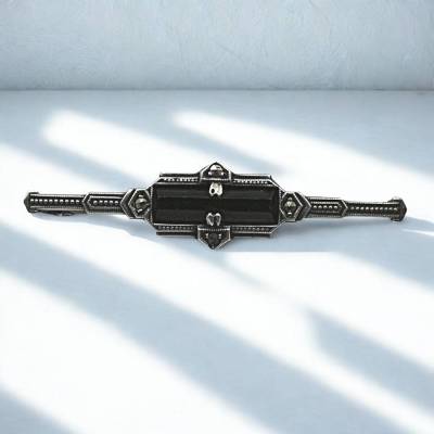 Exklusive 800 Silber Art Deco Onyx Brosche/Krawattennadel mit Perlen & Ornamentik