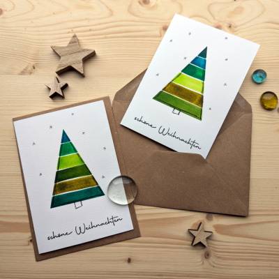 Aquarell Weihnachtskarte "Weihnachtsbaum unter Sternen", handgemalt. Kein Druck!