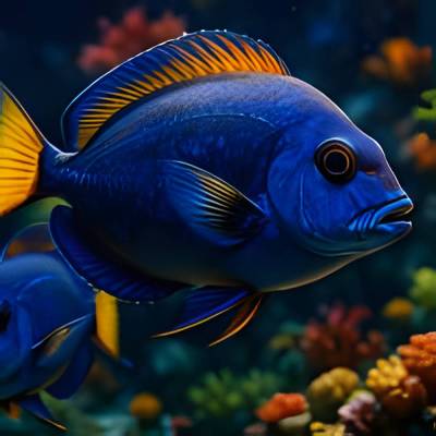 Blauer Doktorfisch im Korallenriff – farbintensive KI-Unterwasserkunst als digitaler Download