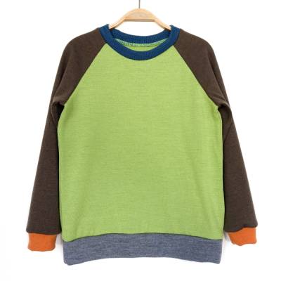 Wollpullover 140/146 grün braun / Upcycling Kinderpullover 100% Merinowolle