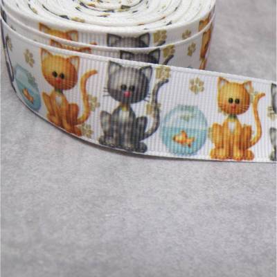 Katzen Ripsband weiß mit Katze & Fisch – 22 mm Dekoband für Nähen, Basteln & Geschenkideen – Abverkauf