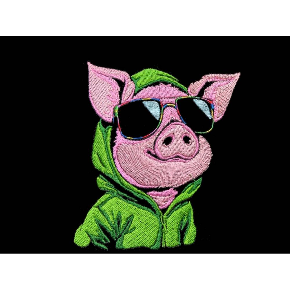 Cooles Schwein Stickdatei 14x14 bzw. 15x15cm –Lustiges Lichteffekt-Muster für schwarze Stoffe Bild 1