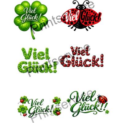 Clip Art, Viel Glück, Schriftzug in verschiedenen Darstellungen, 6 Bilder