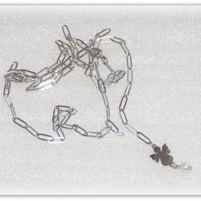 Edelstahl Y Kette mit Anhänger Engelchen und Wachsperle,lange Paperclip Kette verstellbar