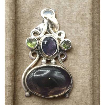 Zeitloser 925 Silber Boho Anhänger mit Rauchquarz, Amethyst & Peridot – Unikat Schmuckstück
