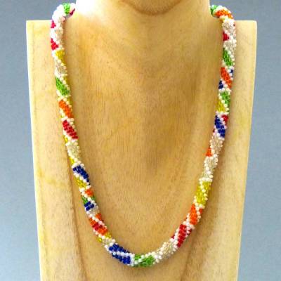  Glasperlenkette gehäkelt, Rauten bunt mit weiß, 47 cm, Perlenkette gehäkelt, Rocailles