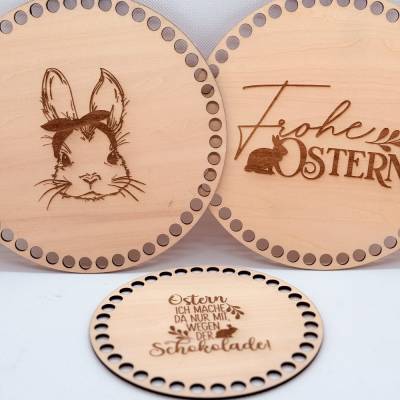 Runde Korbböden aus Holz mit Ostermotiven – Zum Umhäkeln für liebevoll selbstgemachte Häkelkörbe in verschiedenen Größen