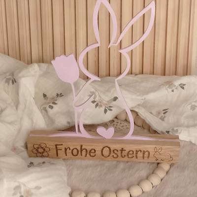 Osterhase 3D mit Holzständer und Aufschrift Frohe Ostern Ostergruß