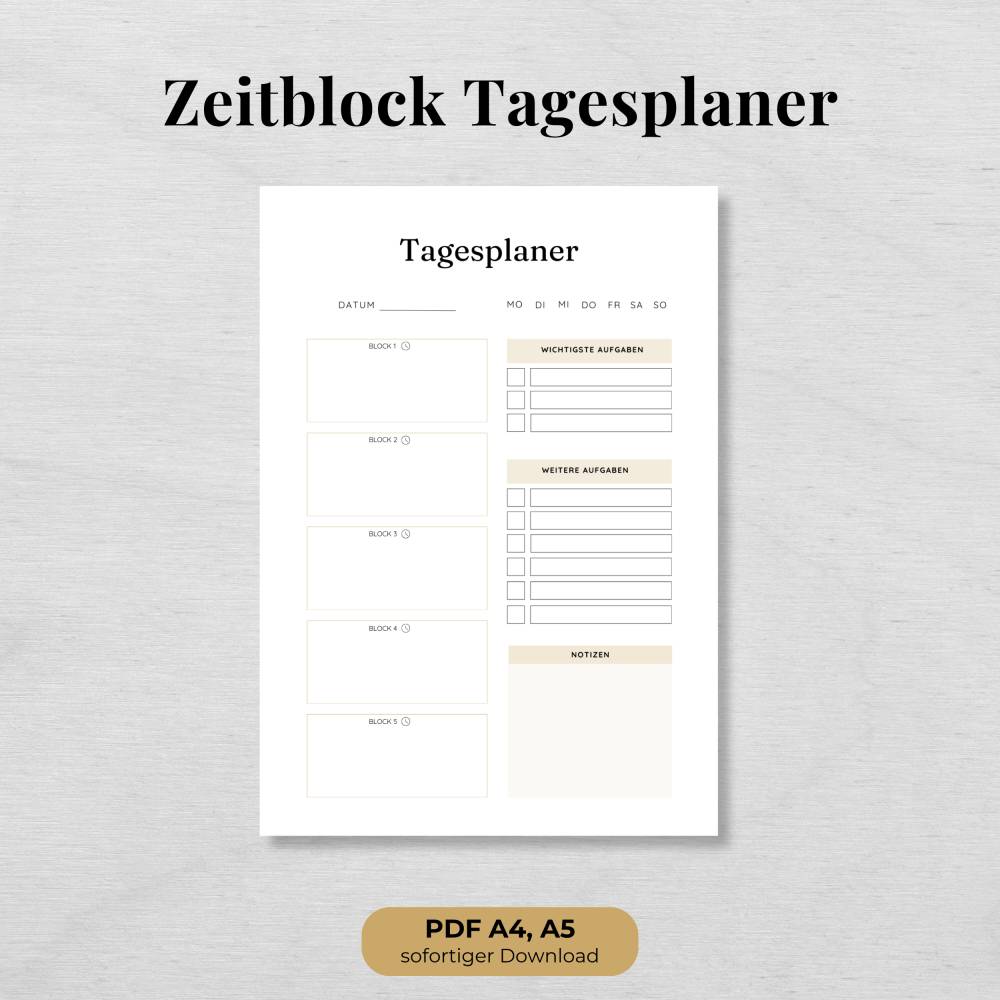Zeitblock Tagesplaner zum Ausdrucken – Tagesplanung mit Time Blocking (PDF A4 & A5) Bild 1