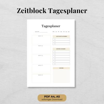 Zeitblock Tagesplaner zum Ausdrucken – Tagesplanung mit Time Blocking (PDF A4 & A5)