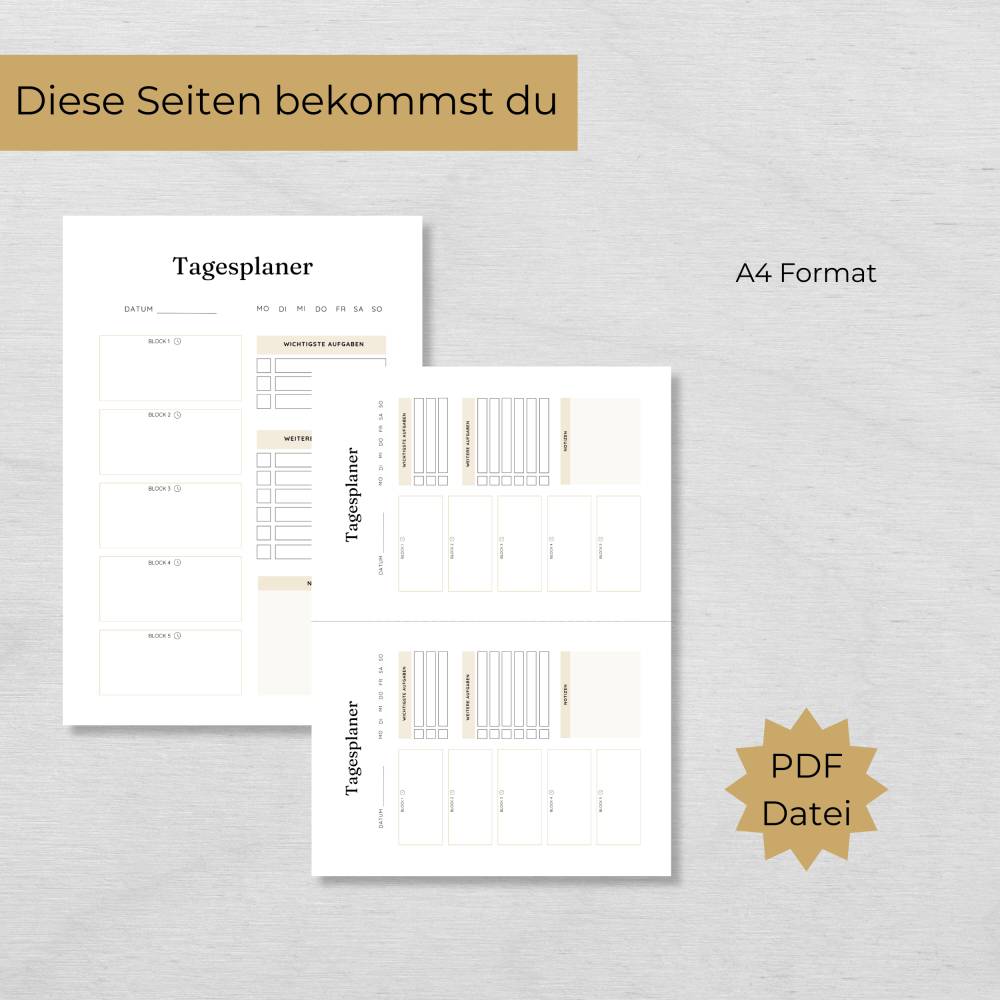 Zeitblock Tagesplaner zum Ausdrucken – Tagesplanung mit Time Blocking (PDF A4 & A5) Bild 2