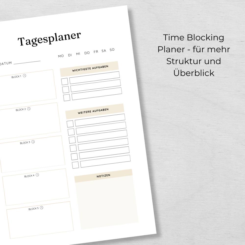 Zeitblock Tagesplaner zum Ausdrucken – Tagesplanung mit Time Blocking (PDF A4 & A5) Bild 4