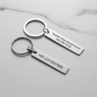 Edelstahl Schlüsselanhänger mit Gravur - Personalisierbar in 45/50 mm Länge, Name, Telefonnummer oder Symbole nach Wahl