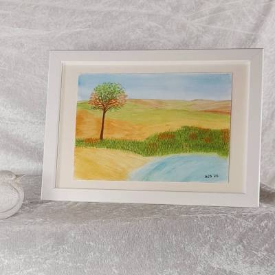 Landschaft "Einzelner Baum"  – 17 x 24 cm handgemalt, signiert, Gouache, Unikat