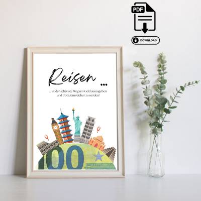 Geldgeschenk Reisen - Last Minute Geschenk Geld - PDF Download zum Ausdrucken - Reisekasse Urlaubsgeld Travel Abenteuer 