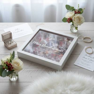 Personalisierter Brautstrauß im weißen Bilderrahmen – Einzigartige Hochzeitserinnerung 27x27x6 cm Motiv 1-8