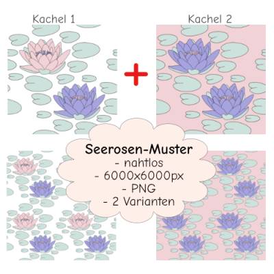 Nahtloses Seerosenmuster – 2 Farbvarianten PNG – Scrapbooking, Digital Art, Planner