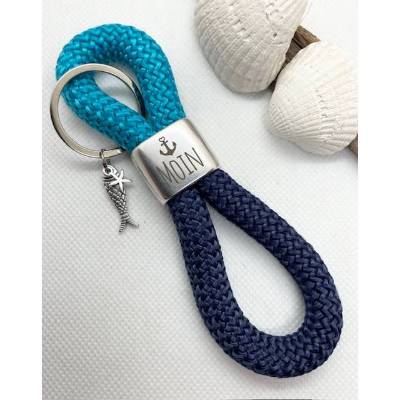 Schlüsselanhänger aus Segelseil/Segeltau, versilbertes Zwischenstück: "Moin"; dunkelblau/türkis