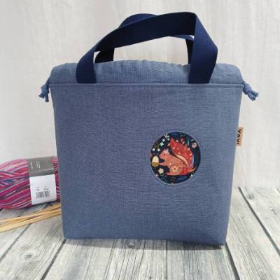 Projekttasche, Handarbeitstasche, Stricktasche, mit Guckloch, Leinen blau Eichhörnchen Gr. L