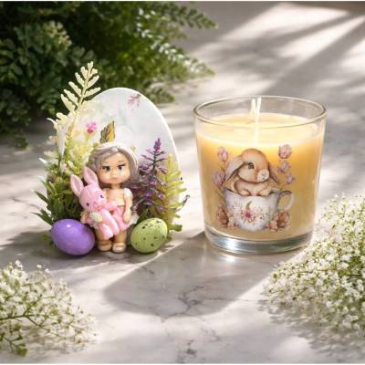 Osterdekoration - 2-er Set - Kerze im Glas und Osterei mit Kaltporzellan Verzierung